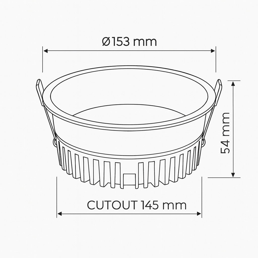 Technical drawing of a round LED SMD Downlight 18W – High efficiency, 1620lm, 4000K,3000K,6500K , CRI≥90, 120° beam angle.
